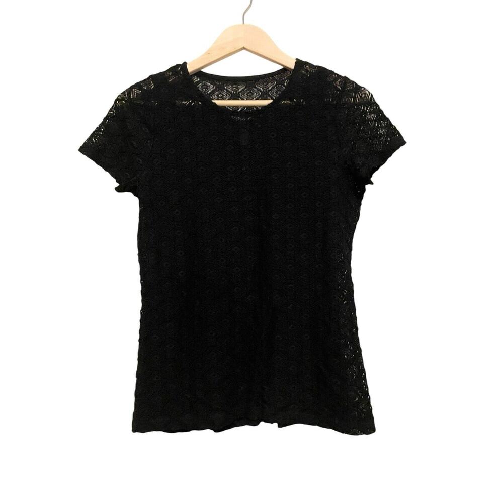 Lauren‎ Ralph Lauren Embroidered Lace Blouse Top Women Size Medium Black Overlay